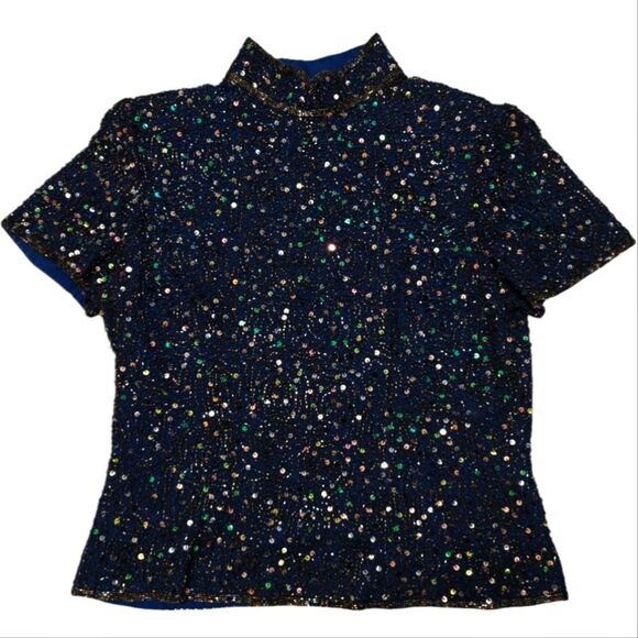 VTG Adrianna Papell Occasions Multicolor Heavy Beaded Sequin Blouse Top Sz 10 - Picture 1 of 6